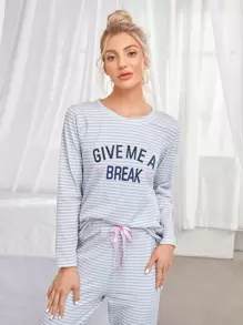 Striped & Slogan Graphic Bow Front PJ Set / Pajama Set Holiday Season, Fall Winter Clothes - Light Grey - View 4