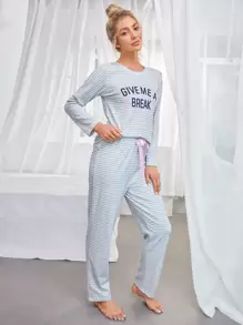 Striped & Slogan Graphic Bow Front PJ Set / Pajama Set Holiday Season, Fall Winter Clothes - Light Grey - View 5