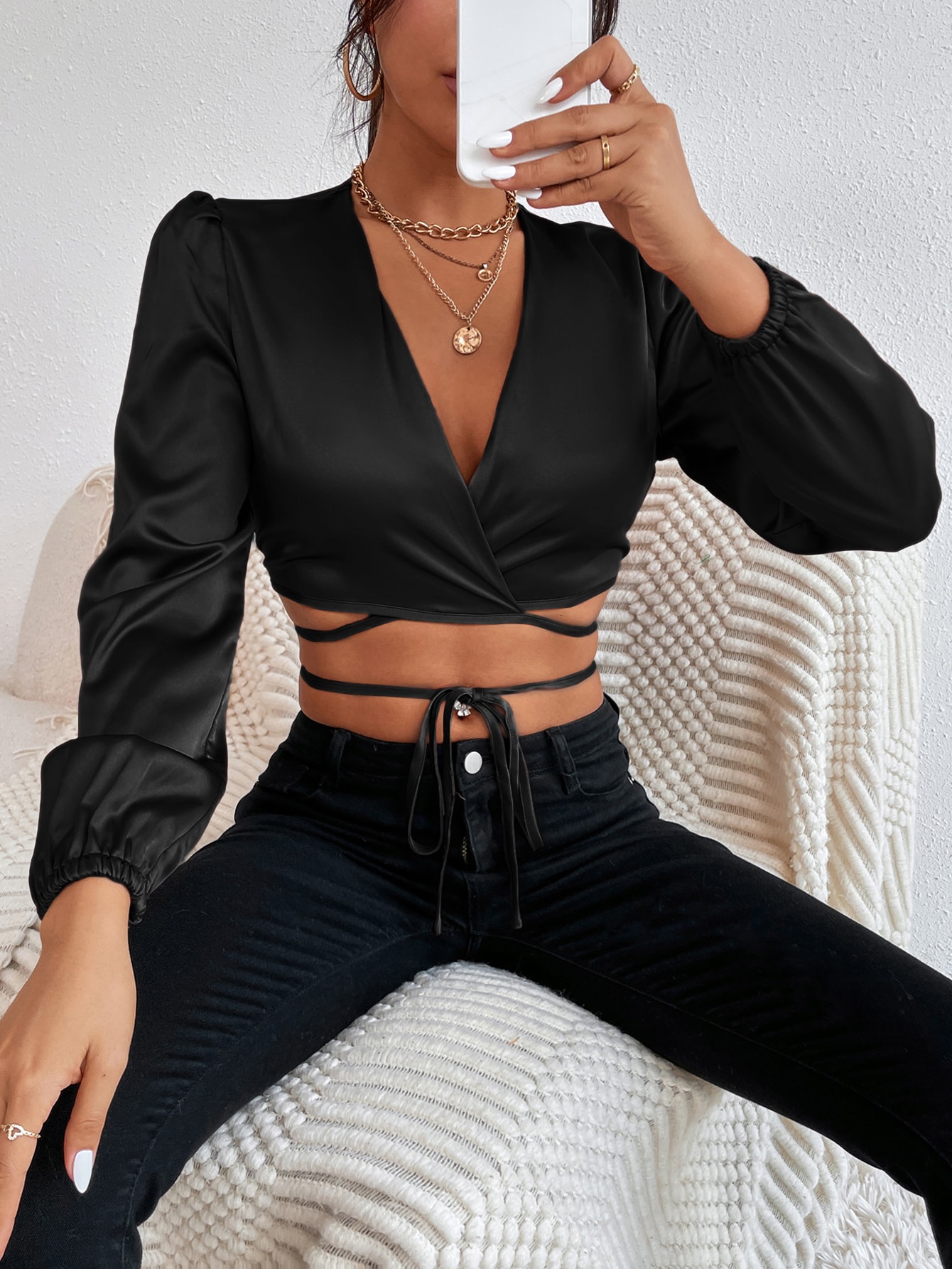 Satin wrap crop blouse