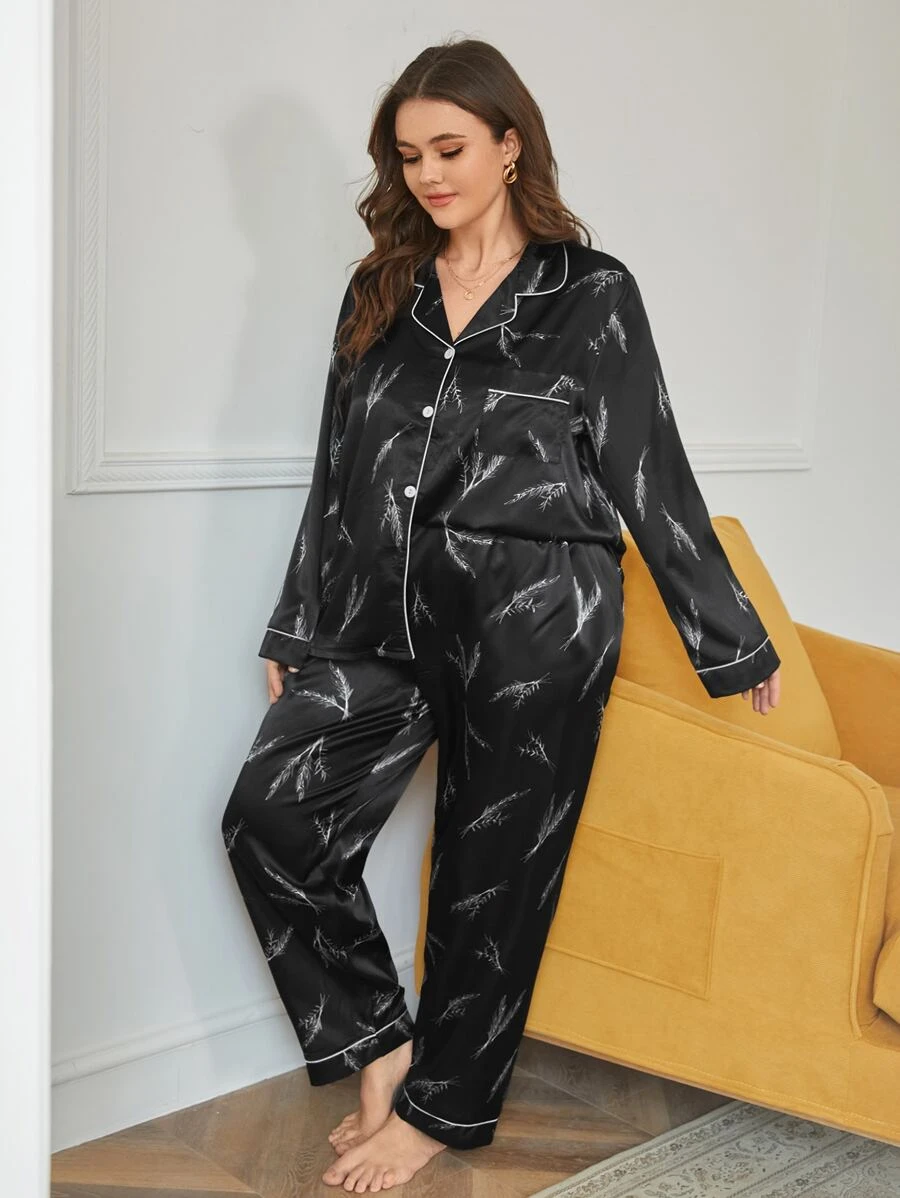 Plus Tropical Print Contrast Piping Satin PJ Set / Pajama Set - Black - View 1