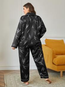 Plus Tropical Print Contrast Piping Satin PJ Set / Pajama Set - Black - View 2