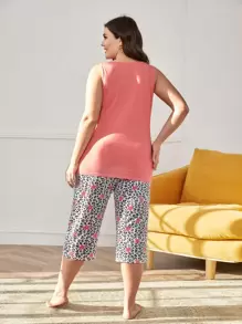 Conjunto de pijama con top de tirantes talla grande y pantalones de dormir con estampado de leopardo y estrellas - Multicolor - Ver 2