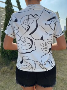 Blusa al azar arte de línea de cara con estampado - Blanco y Negro - Ver 2