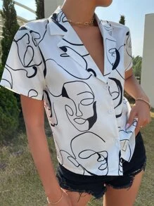 Blusa al azar arte de línea de cara con estampado - Blanco y Negro - Ver 4