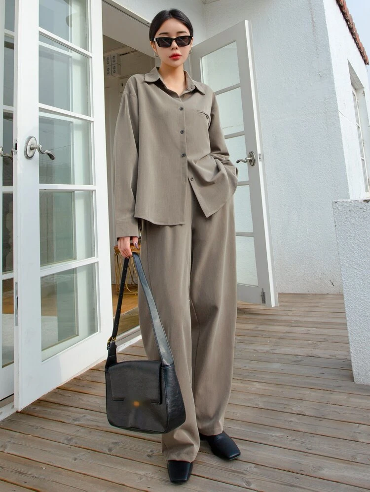 Drop Shoulder Blouse & Belted Wide Leg Pants, Women Two Pieces Sets, Fall Clothes