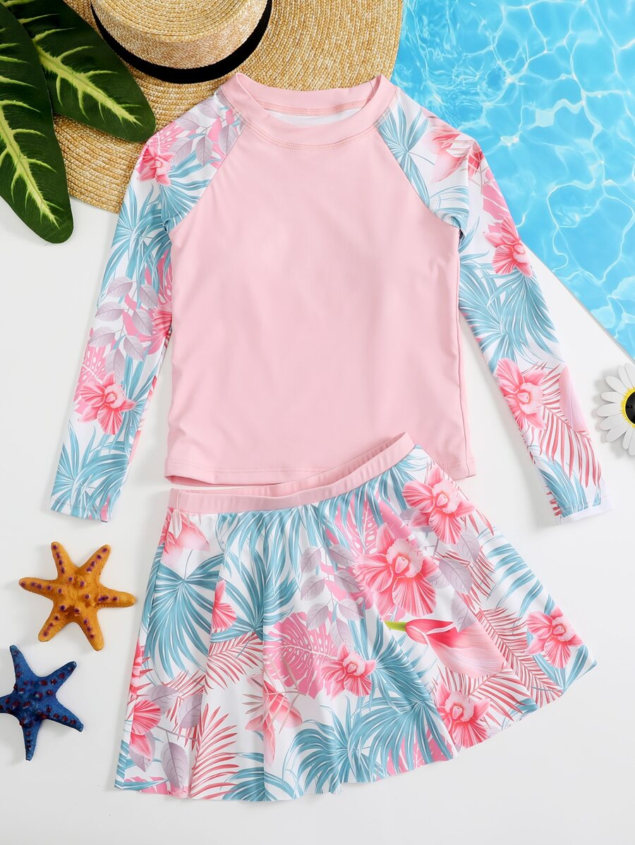 Tankini de verano con estampado tropical y dobladillo con volantes para niña preadolescente - Rosa - Ver 1