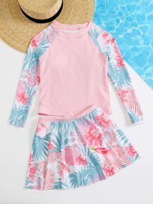 Tankini de verano con estampado tropical y dobladillo con volantes para niña preadolescente - Rosa - Ver 5