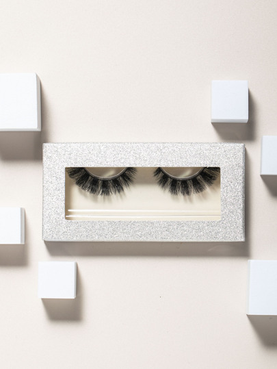1 Pair Black D-Shaped Faux Mink Silver Glittery Paper Box Set Strip Lashes, Lashes, Eyelashes, Fake Lashes