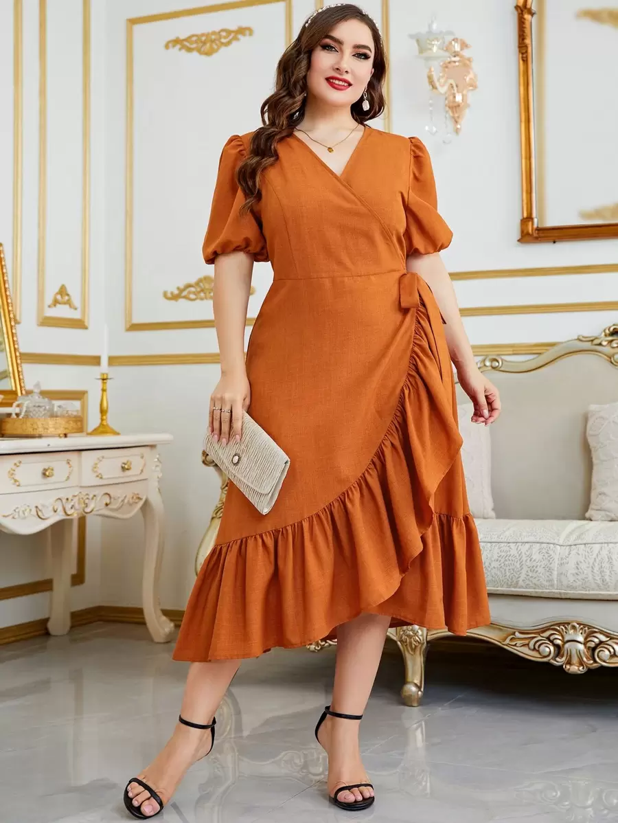 Modelyn Plus Puff Sleeve Ruffle Trim Tie Side Wrap Dress - Orange - View 1