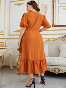 Modelyn Plus Puff Sleeve Ruffle Trim Tie Side Wrap Dress - Orange - View 2
