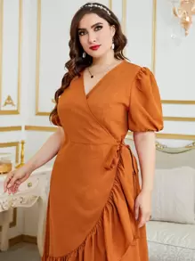 Modelyn Plus Puff Sleeve Ruffle Trim Tie Side Wrap Dress - Orange - View 4