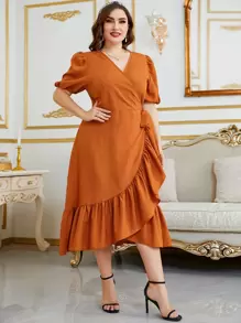 Modelyn Plus Puff Sleeve Ruffle Trim Tie Side Wrap Dress - Orange - View 5