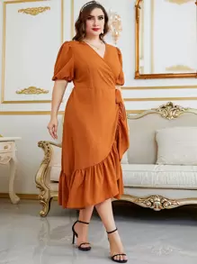 Modelyn Plus Puff Sleeve Ruffle Trim Tie Side Wrap Dress - Orange - View 6
