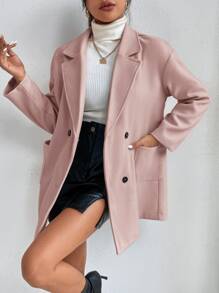 SHEIN PETITE Drop Shoulder Double Breasted Pocket Patched Overcoat - Baby Pink - View 3