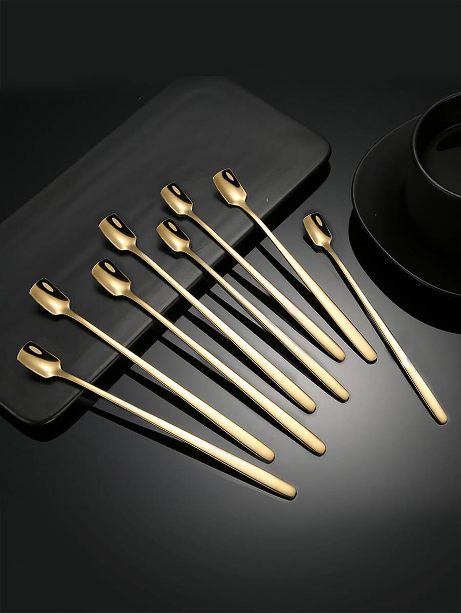 5pcs Stainless Steel Long Handle Square Head Spoon Coffee Stirring Spoon Constant Temperature Cup Ice Spoon Honey Spoon, Kitchen, Christmas Gift - Gold - View 1