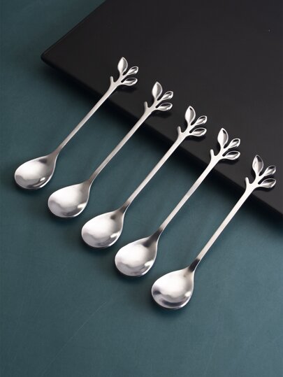 5pcs Leaf Design Spoon, Silver Stainless Steel Small Stirring Spoon, For Dessert Coffee,Kitchen,Christmas Gift Back To School,School Supplies