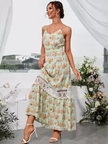 SHEIN Unity Đầm Lộ Lưng Tương phản ren Hoa Boho - Màu xanh Bạc hà - Xem 1