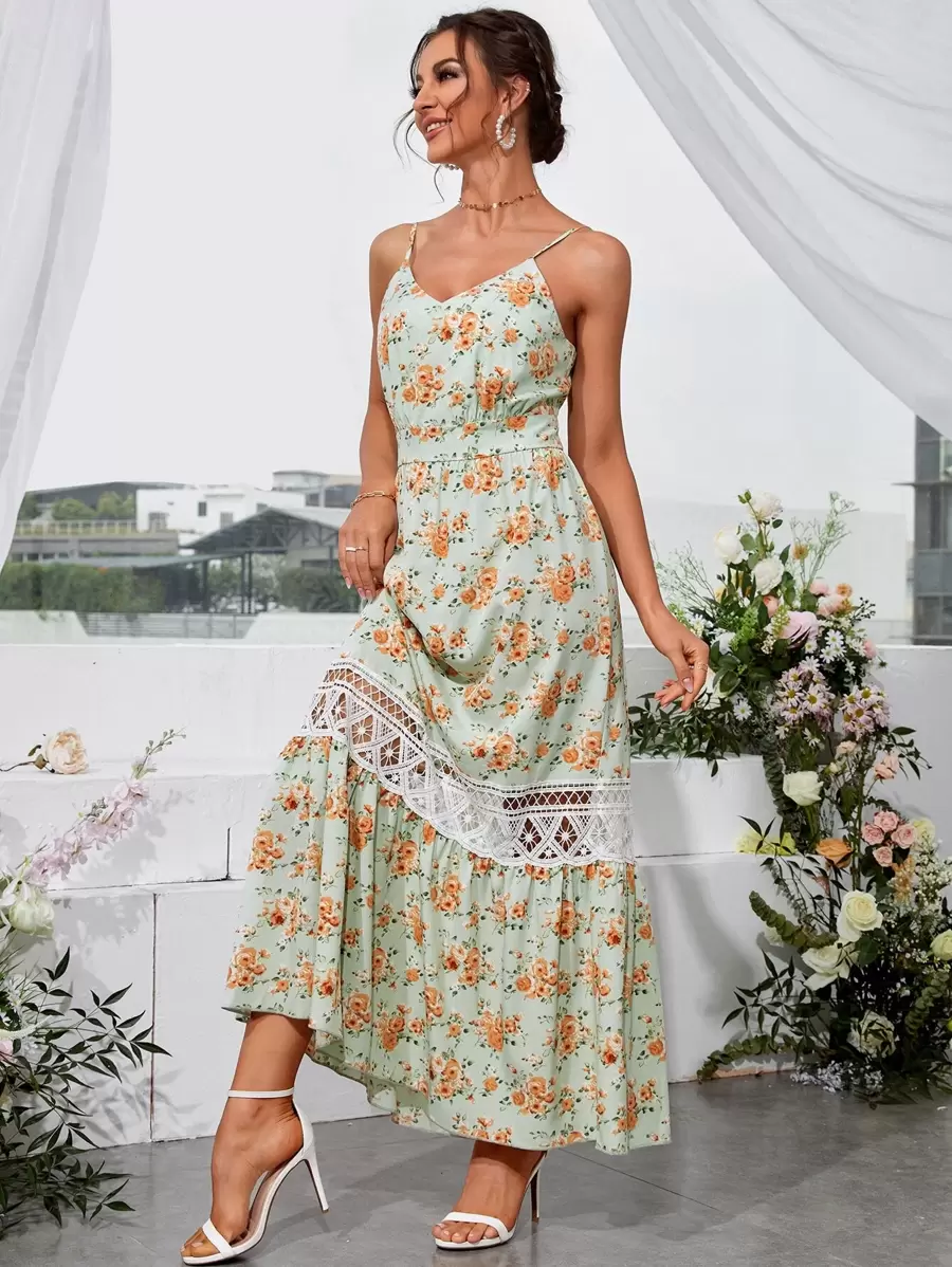 SHEIN Unity Đầm Lộ Lưng Tương phản ren Hoa Boho - Màu xanh Bạc hà - Xem 1