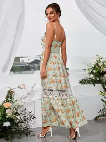 SHEIN Unity Đầm Lộ Lưng Tương phản ren Hoa Boho - Màu xanh Bạc hà - Xem 2