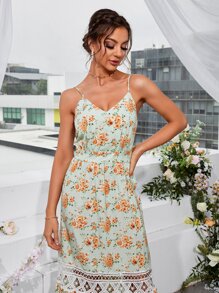 SHEIN Unity Đầm Lộ Lưng Tương phản ren Hoa Boho - Màu xanh Bạc hà - Xem 3