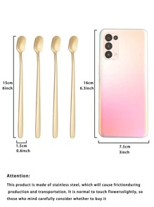 5pcs Stainless Steel Long Handle Square Head Spoon Coffee Stirring Spoon Constant Temperature Cup Ice Spoon Honey Spoon, Kitchen, Christmas Gift - Gold - View 3
