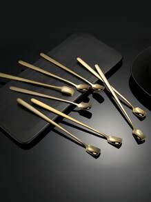 5pcs Stainless Steel Long Handle Square Head Spoon Coffee Stirring Spoon Constant Temperature Cup Ice Spoon Honey Spoon, Kitchen, Christmas Gift - Gold - View 4