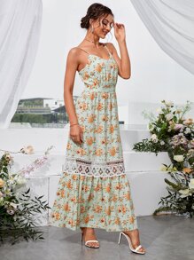 SHEIN Unity Đầm Lộ Lưng Tương phản ren Hoa Boho - Màu xanh Bạc hà - Xem 4