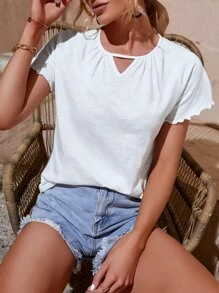 鎖眼領木耳邊T恤 - 白色 - 查看 1