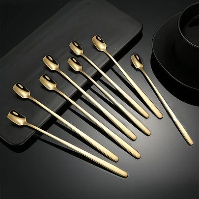 5pcs Stainless Steel Long Handle Square Head Spoon Coffee Stirring Spoon Constant Temperature Cup Ice Spoon Honey Spoon, Kitchen, Christmas Gift