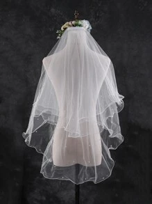 仿珍珠细节新娘面纱万圣节婚礼面纱新娘秋季服装女士 - 白色 - 查看 1