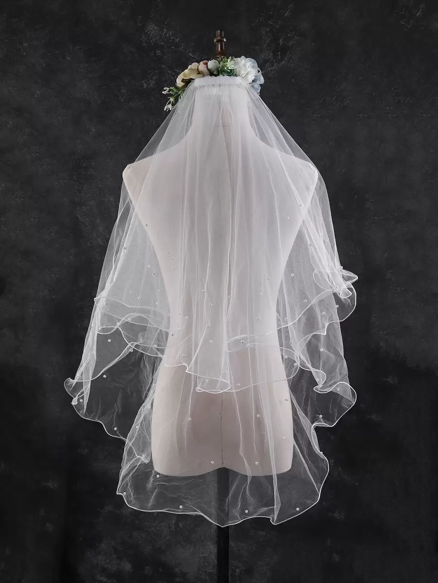 仿珍珠细节新娘面纱万圣节婚礼面纱新娘秋季服装女士 - 白色 - 查看 1