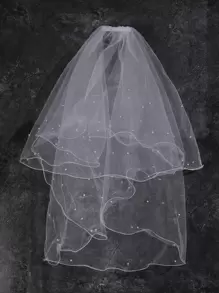 仿珍珠细节新娘面纱万圣节婚礼面纱新娘秋季服装女士 - 白色 - 查看 3