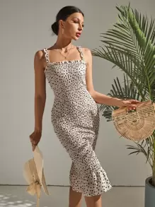 SHEIN Holidaya 波卡圓點打褶荷葉邊洋裝 - 杏色 - 查看 1