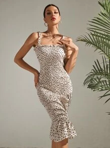 SHEIN Holidaya 波卡圓點打褶荷葉邊洋裝 - 杏色 - 查看 5