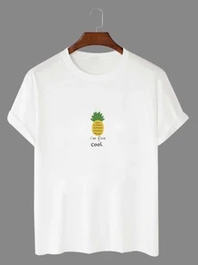 Manfinity 男士標語和鳳梨印花T恤 - 白色 - 查看 1