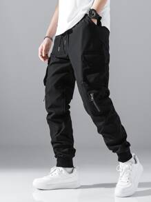 Manfinity EZcore Men Zip Detail Flap Pocket Side Drawstring Waist Cargo Trousers - Black - View 1