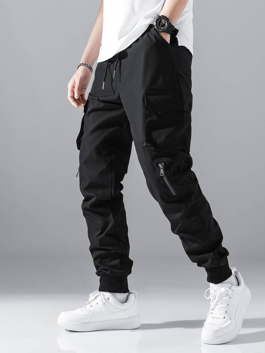 Manfinity EZcore Men Zip Detail Flap Pocket Side Drawstring Waist Cargo Trousers - Black - View 1