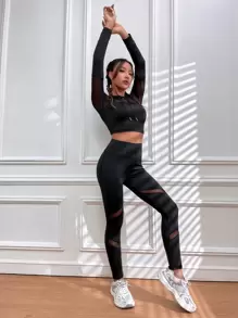 Easithlete Bộ đồ tập luyện Mono gồm 2 món, áo trùm đầu lưới có dây rút và quần bó kiểm soát bụng dành cho nữ - màu đen - Xem 5