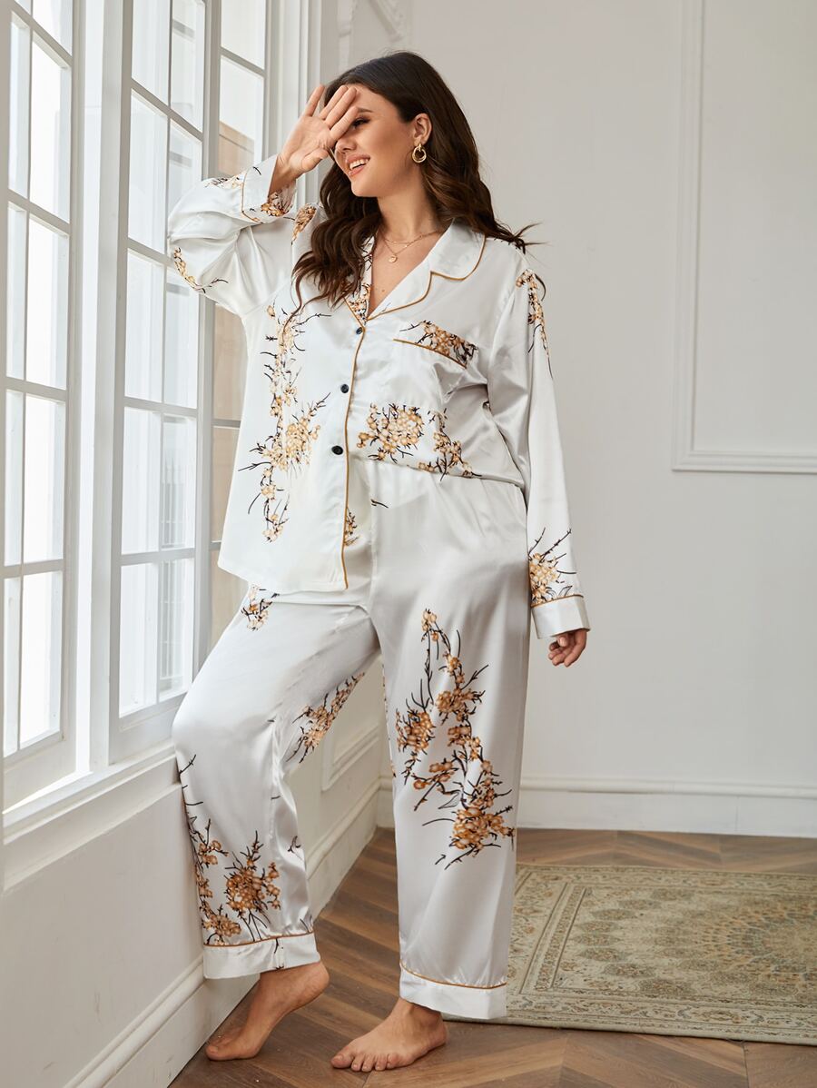 Plus Floral Print Contrast Piping Satin PJ Set - White - View 1