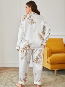 Plus Floral Print Contrast Piping Satin PJ Set - White - View 2