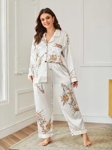 Plus Floral Print Contrast Piping Satin PJ Set - White - View 3