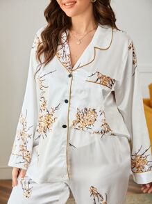 Plus Floral Print Contrast Piping Satin PJ Set - White - View 4