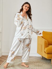 Plus Floral Print Contrast Piping Satin PJ Set - White - View 5