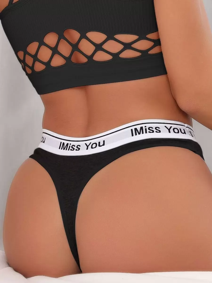 瑜伽字母胶带性感丁字裤运动 - 黑色 - 查看 1