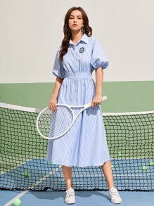 Mulvari Striped Print Patch Detail Bishop Sleeve Shirt Dress - Blue and White - View 1