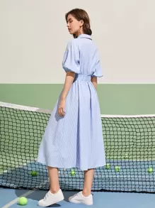 Mulvari Striped Print Patch Detail Bishop Sleeve Shirt Dress - Blue and White - View 2