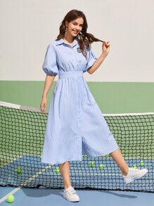 Mulvari Striped Print Patch Detail Bishop Sleeve Shirt Dress - Blue and White - View 5