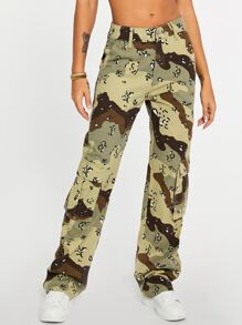 Camo Print Flap Pocket Side Cargo Jeans - Multicolor - View 1
