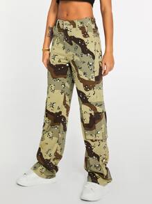 Camo Print Flap Pocket Side Cargo Jeans - Multicolor - View 3