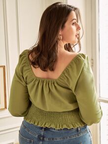 大碼褶邊前繫帶打褶燈籠袖襯衫 - 橄欖綠 - 查看 2